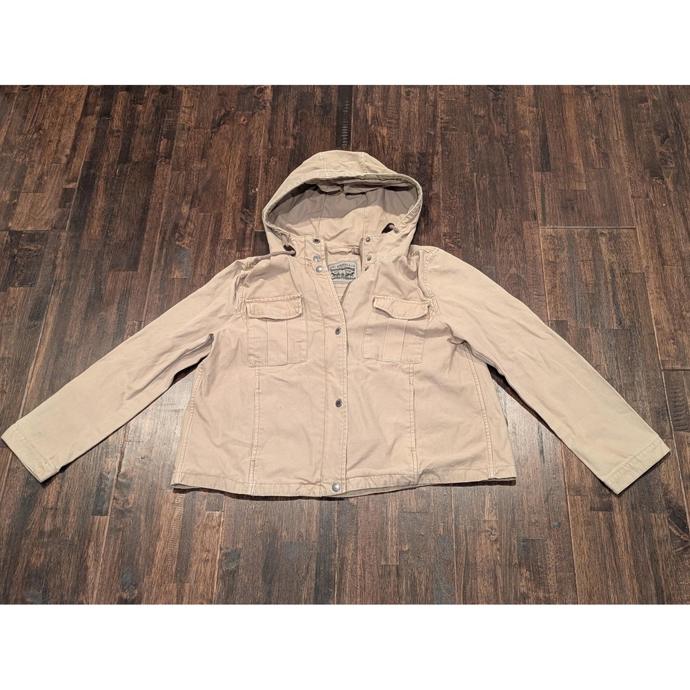 Levi's Jacket Mens Large Khaki Hooded Utility Canvas Snap Front Pockets Anorak